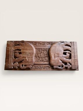 Vintage Hand Carved Elephant & Floral Expandable Book Ends - Trunks Up